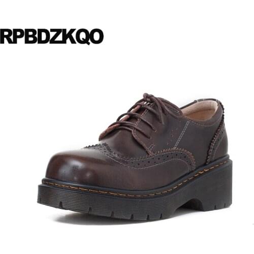 Discount brogue round toe lace up chunky size 4 34 oxford pumps brown block black work shoes women leather retro medium heels