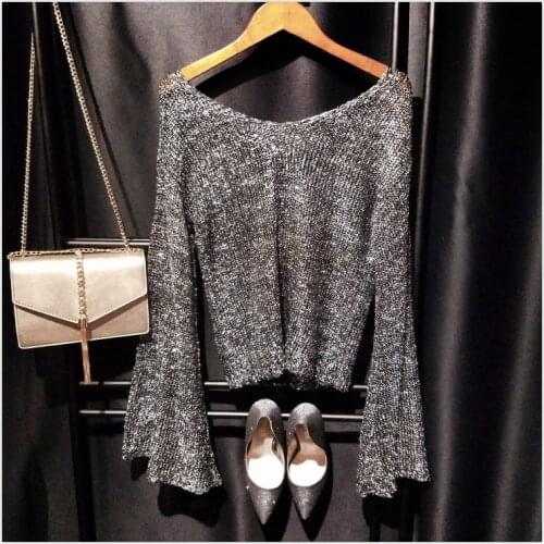 Cakucool Gold Transparent Lurex Knit Tops Women Flare Sleeve Big V-neck Sequined Sweaters Thin Silver Thread Shiny Girls Jumpers