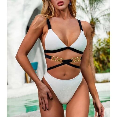 Women Gothic Bikini White and Black Patchwork 2 Pieces Set Swimwear Sexy Bandage Metal Ring bra and panty set High Waist Biquini