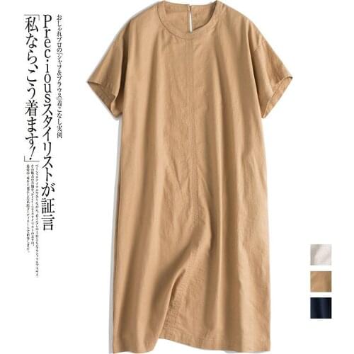 Summer New Women Loose Plus Size Mori Girls Brief Japan Style Comfortable Water Washed Linen Pullover Dresses W/h Side Pockets