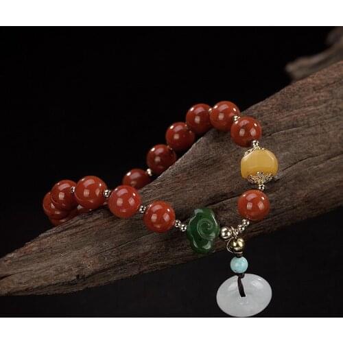 100% Natural Jadeite Round Beads Jade Red Bracelet Ladies Agate Amber Bracelet Pendant Wedding Jewelry Gift