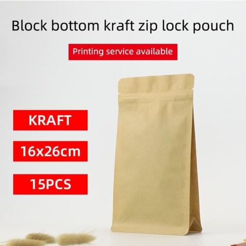 16x26cm 15pcs block bottom stand up pouch with zipper brown kraft paper zip lock flat bottom quad sealed food packaging bag