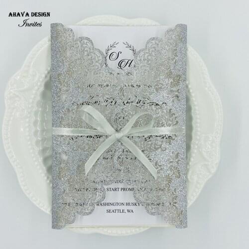 Glitter Silver Laser Cut Lace Invitations With Bowtie, Customized Wedding Invite