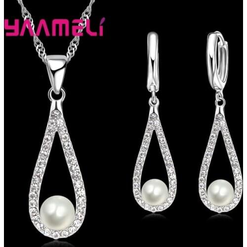 Pure 925 Sterling Silver Shiny CZ Crystal Water Drop Pearl Necklaces Pendant Chain Earrings Woman Fine Wedding Jewelry Set Gift