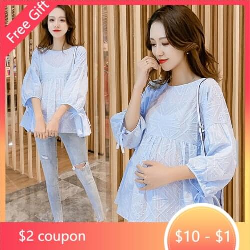 Elegant Summer Fashion Lace Cotton Maternity Blouse Plus Size Loose Tunic Clothes for Pregnant Women Pregnancy Tops