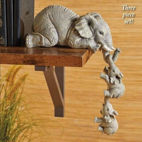 Cute Elephant Hand-Painted Figurines - Set of 3 Mother and Two Babies Hanging Off The Edge of a Shelf or Table Home Decoration