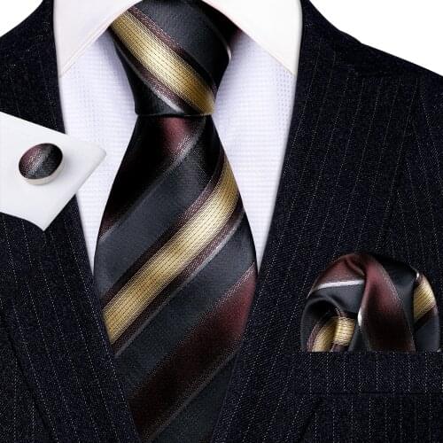Fashion Luxury Black Striped 100% Silk Tie Gifts For Men Gifts Suit Wedding Tie Barry.Wang NeckTies Hanky Sets Business LN-5319