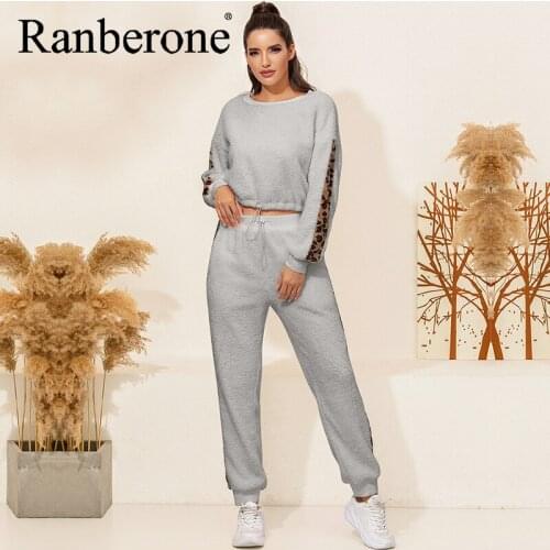 Fashion 2Pcs Women Tracksuit Long Sleeve Plush Warm Leisure Jogging Suit Solid Color Tracksuits Leopard Stitchin Sport Suits