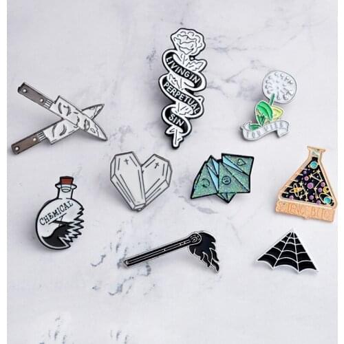 Cartoon Dagger face Origami game Cobweb science Beaker rose coffin heart matches Enamel Pins Badge Jewelry kids Gifts Brooches