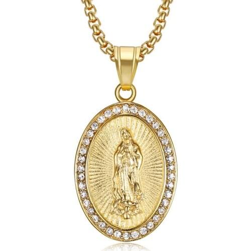 Bling Rhinestone Virgin Mary 316L stainless steel Necklaces For Men Women Hip Hop Geometric Pendant Necklace Drop shipping