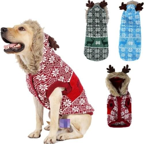 New Pattern Thickened Pet Clothes Warm and Fluffy Collar Big Dog Clothes Christmas Antler Dog Sweater Winter Cotton Clothes