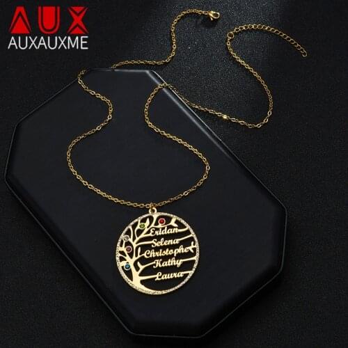 Auxauxme Customized Tree Of Life Birthstone Name Necklace Stainless Steel Golden Family Member Nameplate Choker Jewelry Gifts