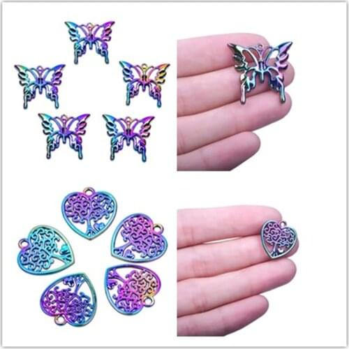 10PCS Rainbow Color Pendant Charms Hollow Butterfly Life Tree DIY Alloy Jewelry Making Accessories For Necklace Earring