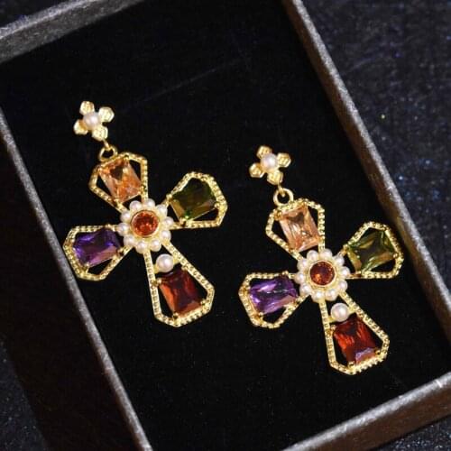 New Fashion Gold Cross Drop Earrings Inlay Colorful Cubic Zircon Europe America Luxury Jewelry For Women Wedding Christmas Gifts