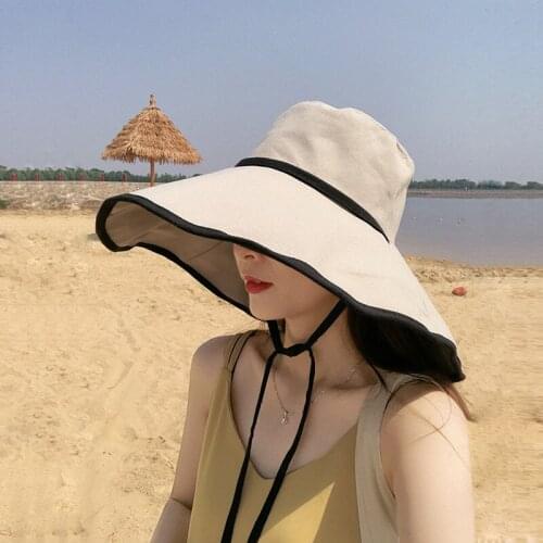 Large Brim Sun Hats for Women Chinstrap String Foldable Fashion French Style Outdoor Travel Beach SunHat