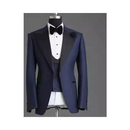 Stylish Navy Blue Groom Tuxedos Men Work Business Suits Party Prom Blazer Coats Waistcoat Trousers Sets Custom Made NO:221
