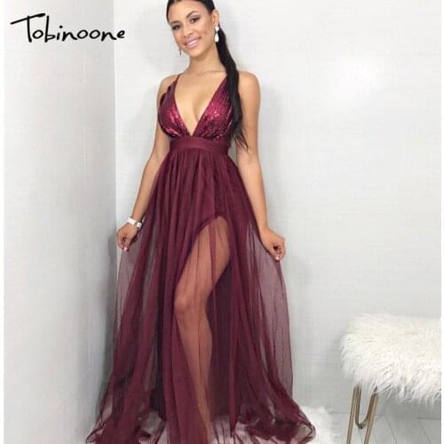 Tobinoone V Neck Summer Christmas Party Shining Sequin Long Dress Side Split Women Sexy Dress Elegant Red Club Lace Vestidos