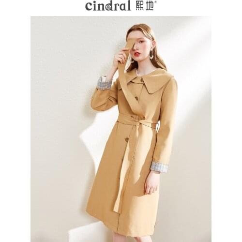 Spring 2021 New Orange Windbreaker Womens Mid-length Plaid Stitching Single-breasted Jacket Temperament Lady