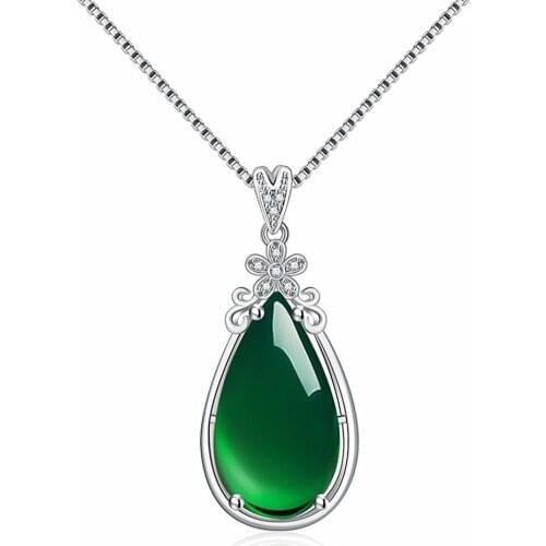 Vintage water drop green jade emerald gemstones diamonds pendant necklaces for women white gold silver color agate jewelry gifts