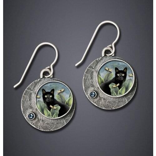 Vintage Big Round Metal Black Cat Earrings Tribal Jewelry Blue Rhinestone Green Leaves Animal Pattern Drop Dangle Earring