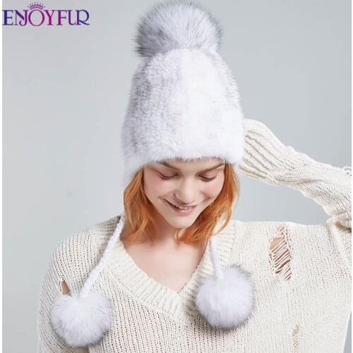 ENJOYFUR Real mink fur hats for women winter soft knitted fur caps with pompom cute fashion fur beanies young style