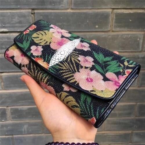 Authentic Stingray Skin Female Long Elegant Flower Trifold Wallet Genuine Leather Lady Large Clutch Bag Women Floral Coin Purse