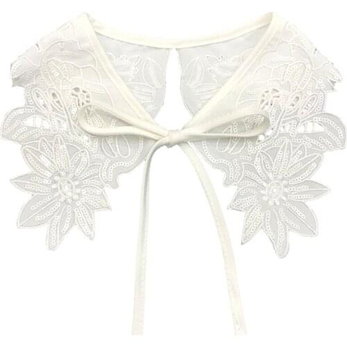 Women Autumn Decorative Fake Collar Shawl Lace-Up Bowknot Sweater Half Shirt Necklace Hollow Out Floral Lace Dickey Mini Y1AC