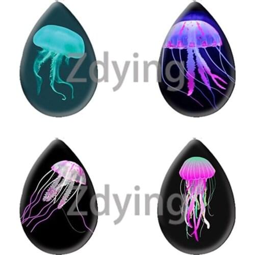 Zdying 10pcs Colorful Jellyfish Water Tear Drop Shape Glass Cabochon Photo For Necklace Brooch Base Tray Jewelry Findings
