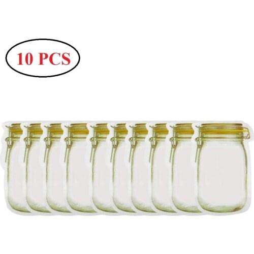 10pcs Reusable Mason Jar Shape Zipper Sealed Bag Cookie Snack Bags Food Storage Bag