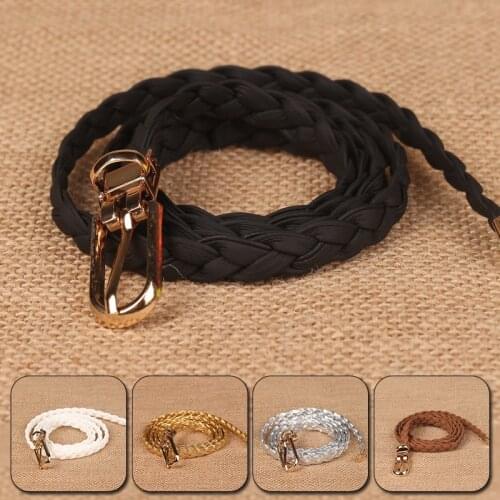 100cm Fashion Womens Braided PU Leather Narrow Thin Buckle Belts Skinny Adjustable No Hole Waist Belts Dress Waistbands