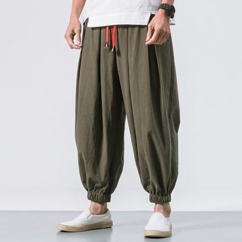 2021 Summer Chinese Style Harem Pants Men Casual Loose Cotton Linen Sweatpants Jogger Pants Streetwear Bloomers Trousers 30460