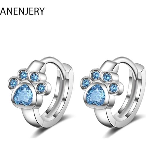 ANENJERY 925 Sterling Silver Cute Lovely Cat Paw Hoop Earrings Blue Cubic Zircon Earrings For Girls Accessories S-E1078