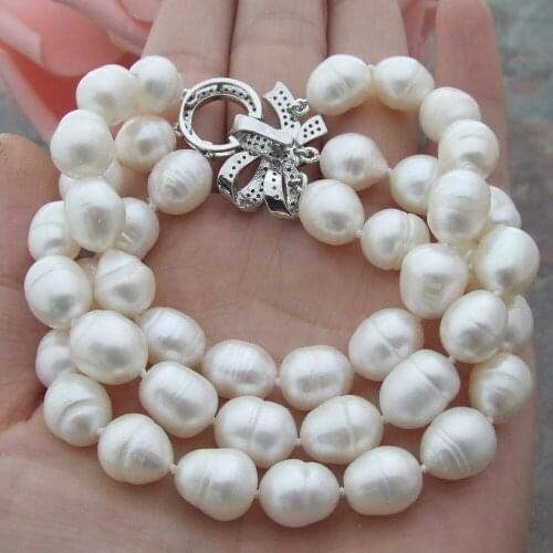 LJHMY 8'' 3 Strands Real Freshwater Pearl Rice Shaped Bracelet Natural Pearl Statement Bracelet Women Pave Setting