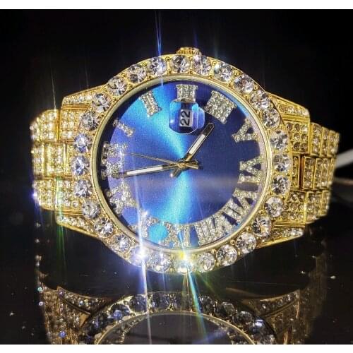 Missfox Big Diamnd Mans Watches Luxury Business Blue Round Dial Wristwatch Man Stainless Steel Quartz Watch Gentleman Hiphop