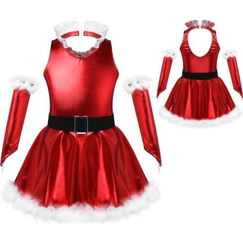 Kids Girls Clothes 2020 Red Christmas Costume Outfit Sleeveless V Neck Ruffle Elastic Waistband Backless Dress Split Sleeve Cuff
