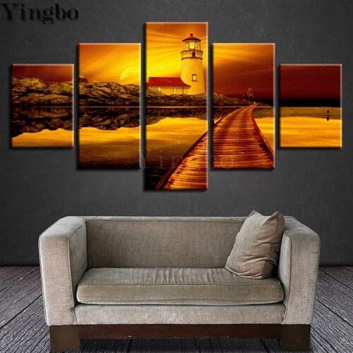 5 Panel DIY 5d Diamond Painting Seaside Lighthouse Dusk View Diamond Embroidery Full Square Round Diamond Mosaic Rhinestones