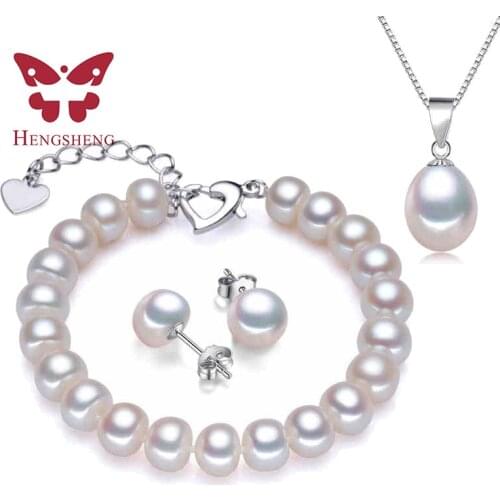 HENGSHENG Real Pearl Bracelet Pendant Earrings Three Jewelry Sets for Women Pearl Necklace/Earring/Bracelet Wedding Jewelry Set