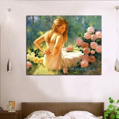 Hand-paint portrait oil painting on canvas girl and flower decorative wall pictures home decoration gift ready to hang