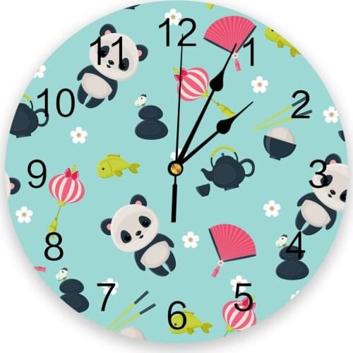 Cartoon Panda Flower Fish Round Wall Clock Creative Home Decor Living Room Quartz Needle Wall Clocks Hanging Watch