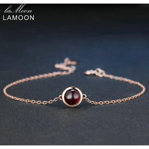 LAMOON Classic Simple 6mm 1.1ct 100% Natural Red Garnet 925 Sterling Silver Jewelry S925 Charm Bracelet LMHI021