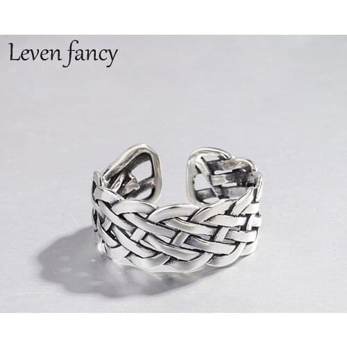 Multi-layer Weaving Hemp Rope Fashion Personality Women Open Ring Sterling Silver 925 Jewelry Braided Twisted Wide Band Rings