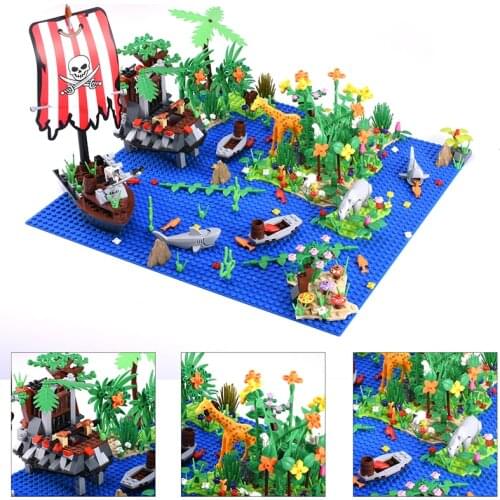 MOC Rainforests Model Island Ship DIY Building Blocks Sea Animal City Bush Flower Grass Tree Compatible Base Plate Kid Idea Toys