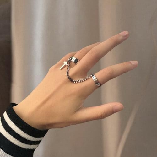 Vintage Punk Silver Color Cross Heart Chain Rings for Men Jewelry Metal Hip Hop Trendy Women Finger Knuckle Opening Accessories