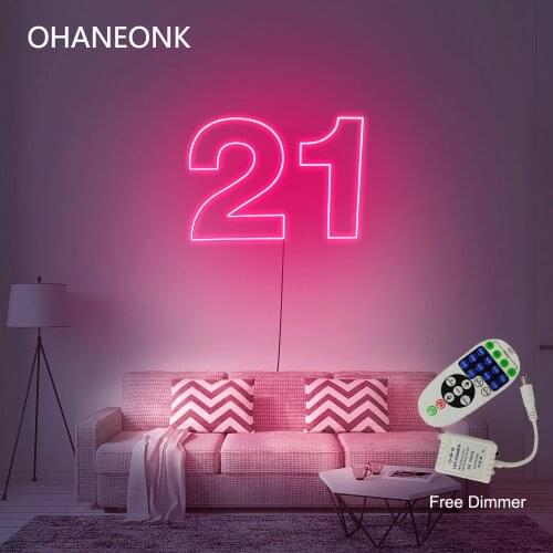 OHANEONK DropShipping 50CM Width Number 21 LED Neon Letter Custom Neon Sign For Party Birthday Decorative wwith Dimmer