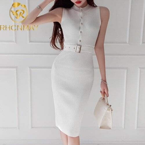Elegant Slim Simple Stretch Knitting Dress New Summer Womens Dresses Sleeveless Single Breasted Belt Pencil Dress