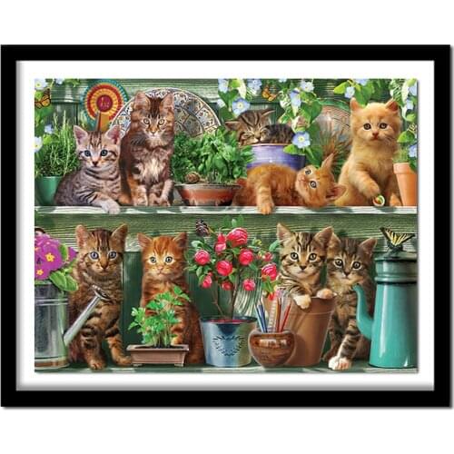 Full round drill 5D diamond painting "cat in the shelf, butterfly, flower, vase" cross stitch diamond decoration