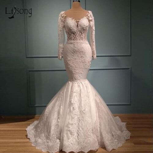 Real Image Mermaid Lace Wedding Dresses With Detachable Train Full Sleeves Vintage Bridal Gowns Beaded Wedding Gowns 2020