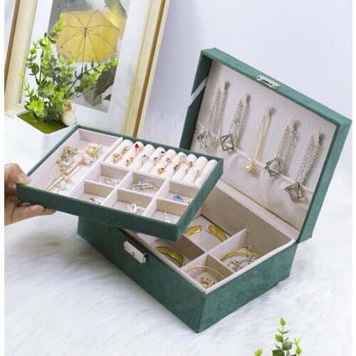 VoltaBox 2021 New Suede Jewelry Box Ink Green with Lock Double Layer Large Capacity Jewelry Box Ring Necklace Jewelry Organizer