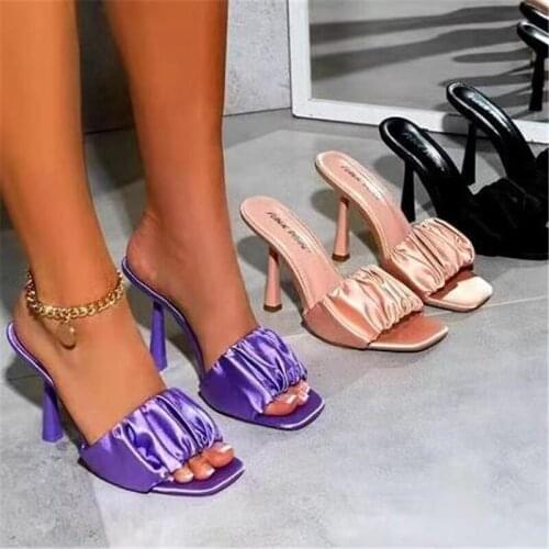 Fashion Thin Heel Women Pumps Square Open Toe Slippers Slip On Slides Ladies Silk Sandals Summer Beach Shoes Big Size 35-42