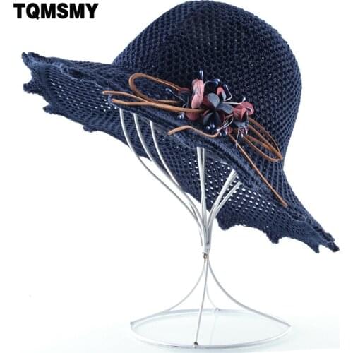 Fashion Knitted straw Hats for women Summer Beach cap Solid color sun hat Ladies Wide Brim Shade Flower caps Floppy Panama bone